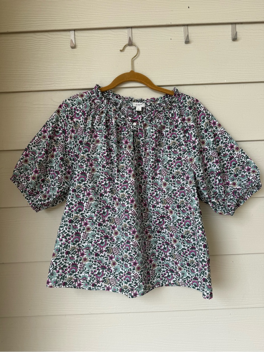 J. Crew Floral Puff-Sleeve Peasant Top in White, Pink & Green